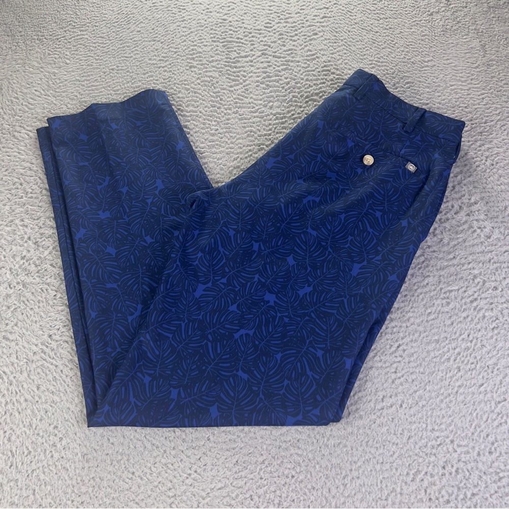 Peter Millar Durham Performance Pants Men 32x32 Blue Palm Print Crown Sport Golf